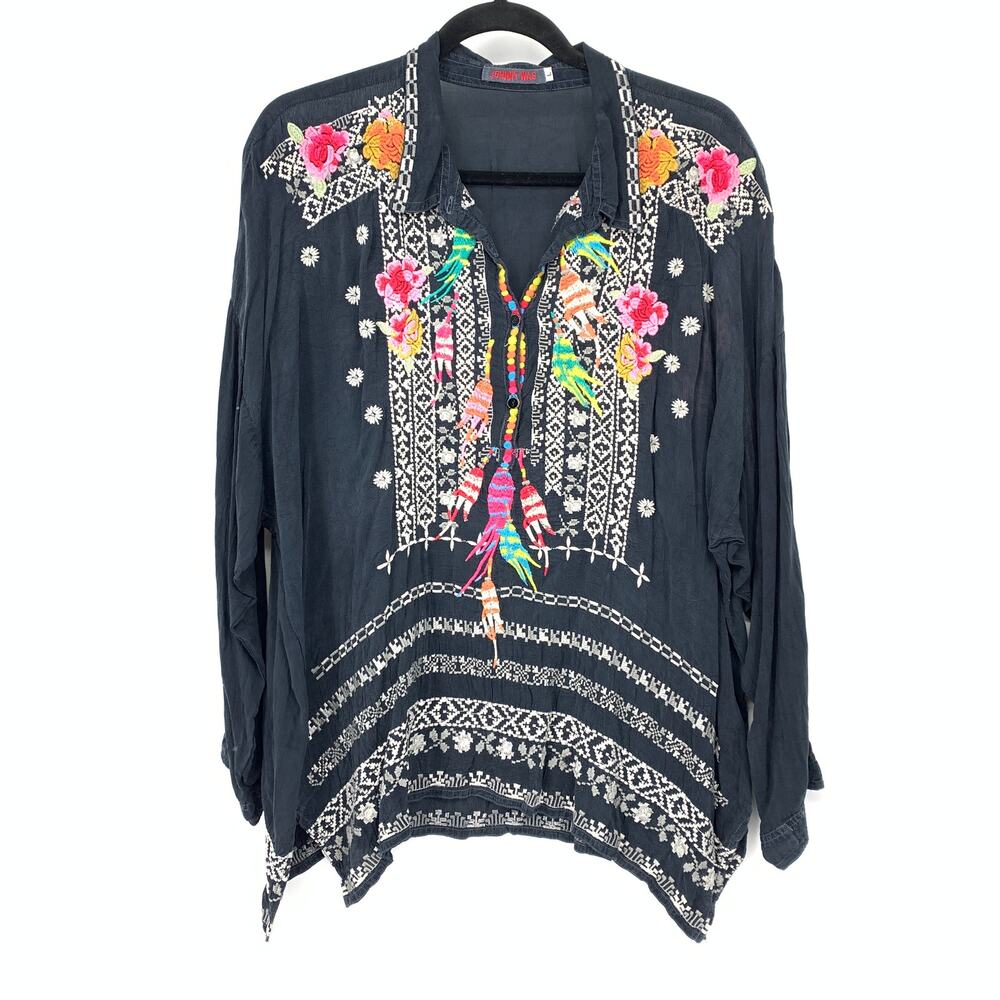 Johnny Was Womens L Embroidered Tunic Top Black Birds Floral Boho Button Front